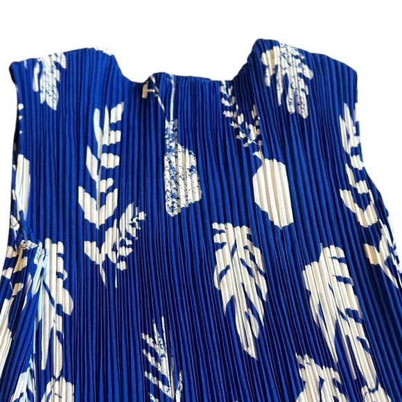 Leo & Ugo Royal Blue Bold Print Midi Dress Sleeveless Stretch Pleated Size Small - Picture 7 of 11
